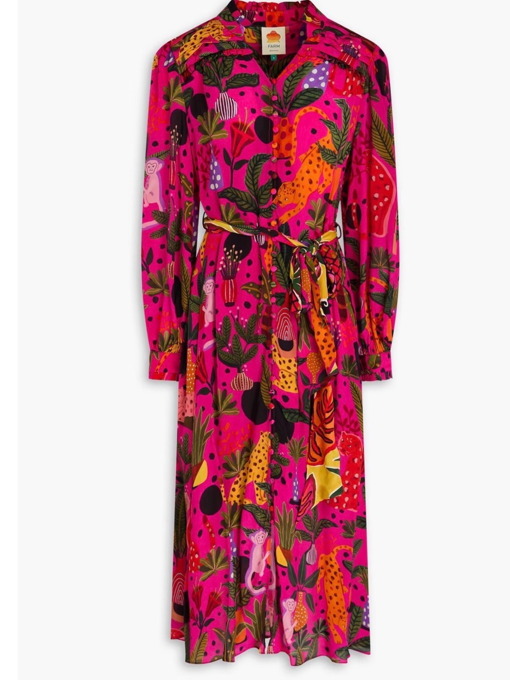 Farm Rio Pop Leopard Pink Tropical Print Long Sleeve Maxi Dress